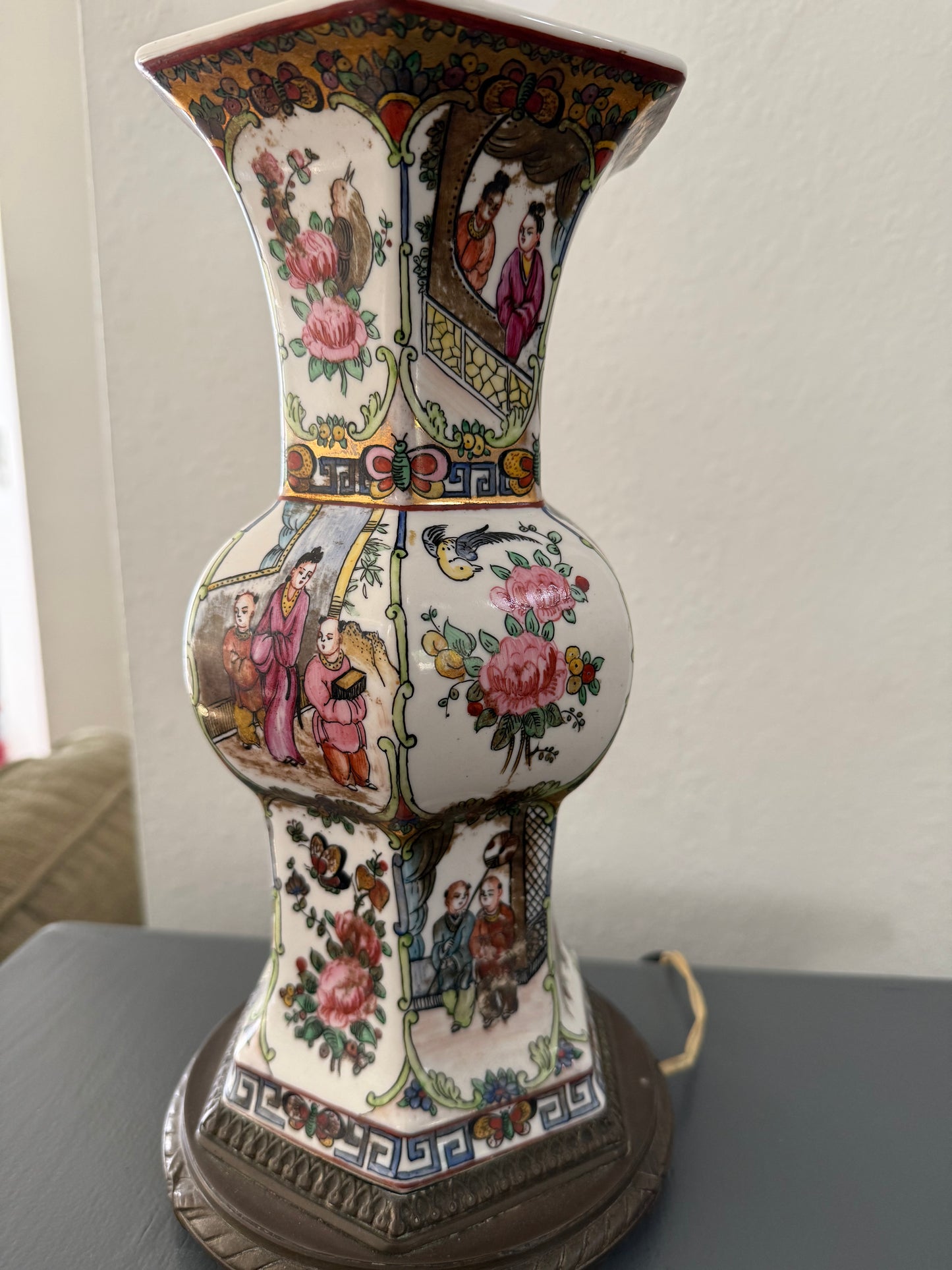 Rare Antique Qing Chinese Famille Rose Gu Vase Lamp (working)