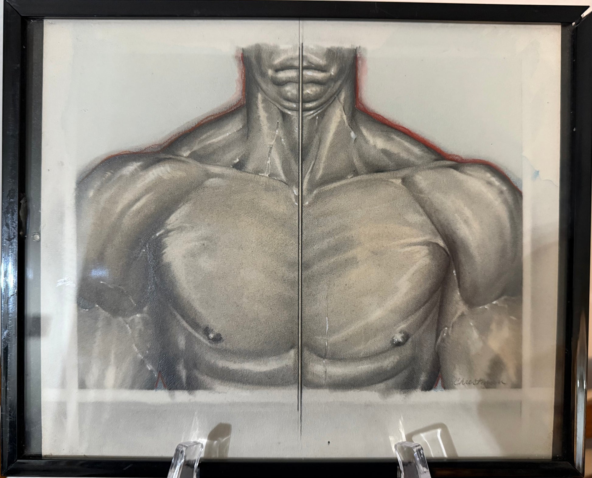 Artistic depiction of a muscular torso on a white background with a black frame.