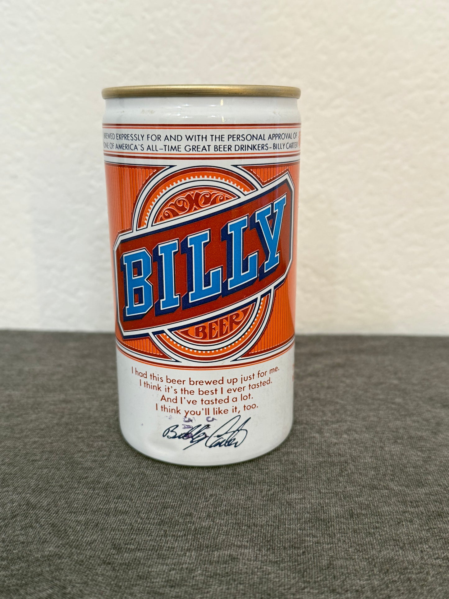 Can of Billy beer on a textured surface