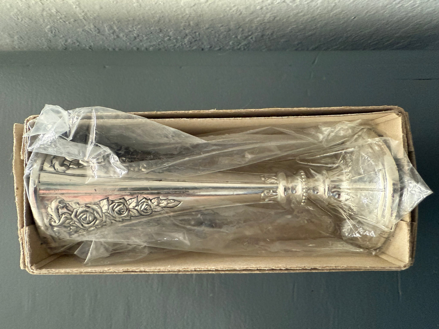 Vintage Japanese Silver-Plated Rose Vase with Original Box