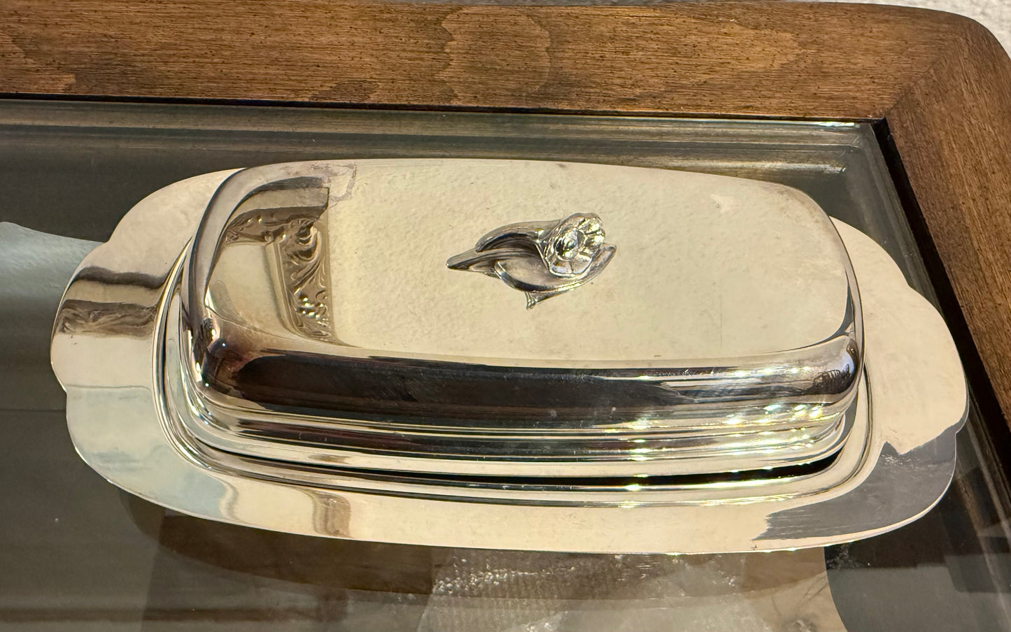 Vintage Oneida Butter Dish with a Floral Handle and Glass Dish Insert