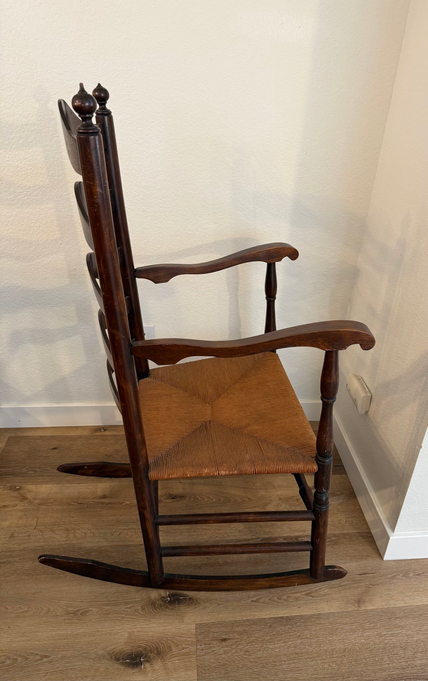 Antique 1800s Ladderback Rocking Chair with a Rush Seat