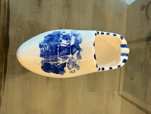 Vintage Delft Blue Ceramic Clog Wall Pocket with Windmill Decoration