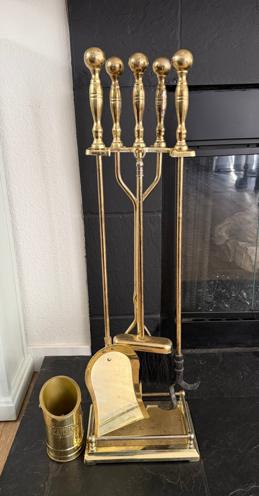 Vintage Brass Fireplace Tool Set with Match Holder