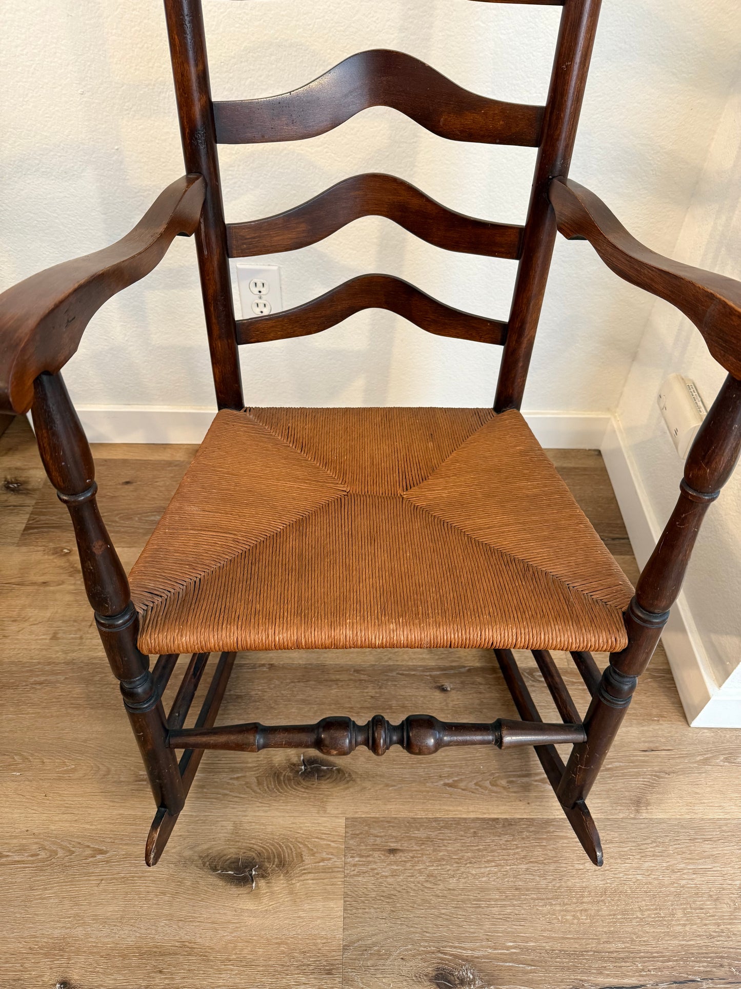 Antique 1800s Ladderback Rocking Chair with a Rush Seat