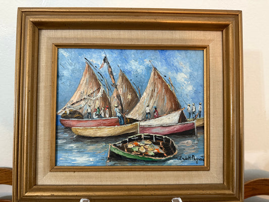 Framed painting of sailboats on a blue sky background