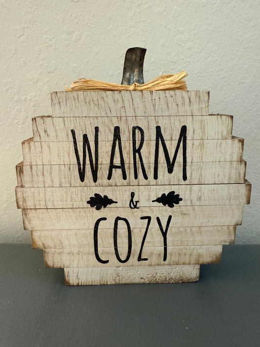 Rustic Farmhouse Style Wooden Pumpkin Shaped "Warm & Cozy" Sign