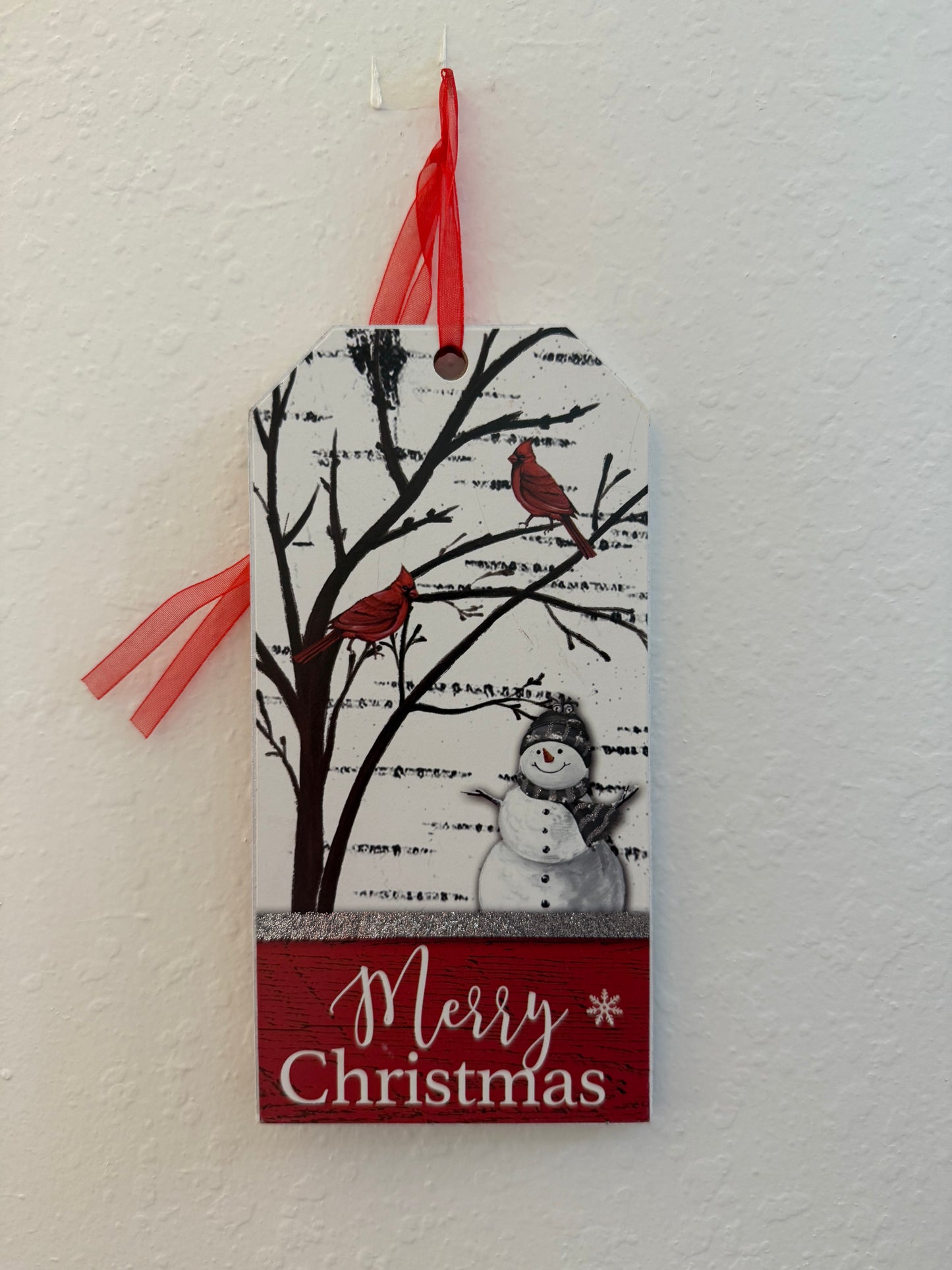 Hanging "Merry Christmas" Wood Sign with Snowman & Cardinals