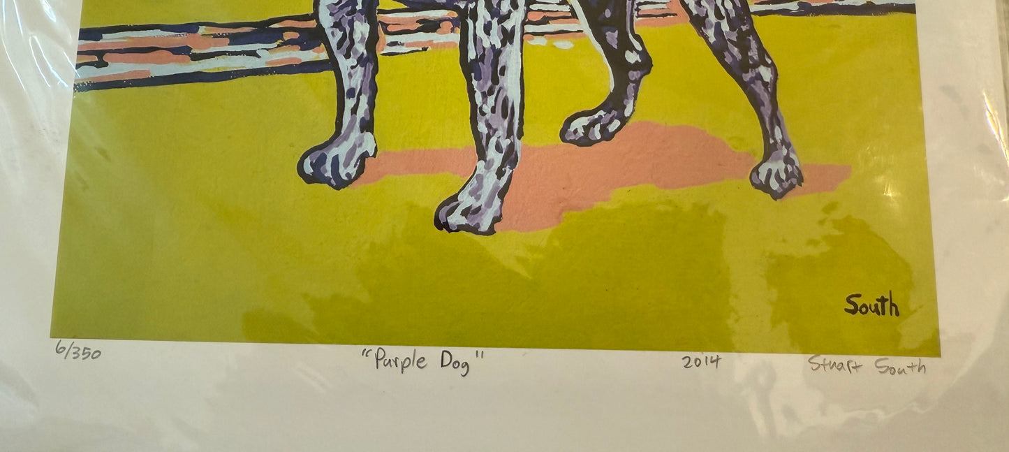 Art print of a dog's legs on a yellow background with 'Purple Dog' and 'South' text.