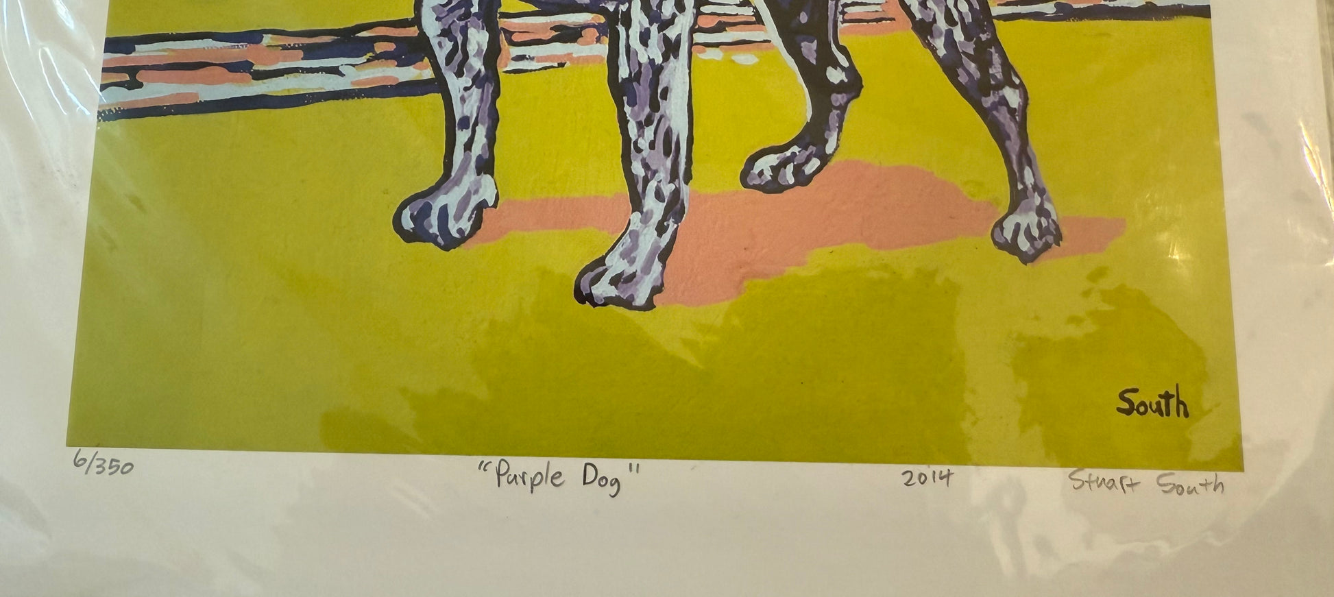 Art print of a dog's legs on a yellow background with 'Purple Dog' and 'South' text.