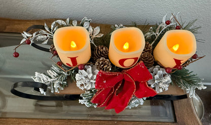 Christmas Decor & Flameless "J-O-Y" LED Candles Sitting on a Sled Base