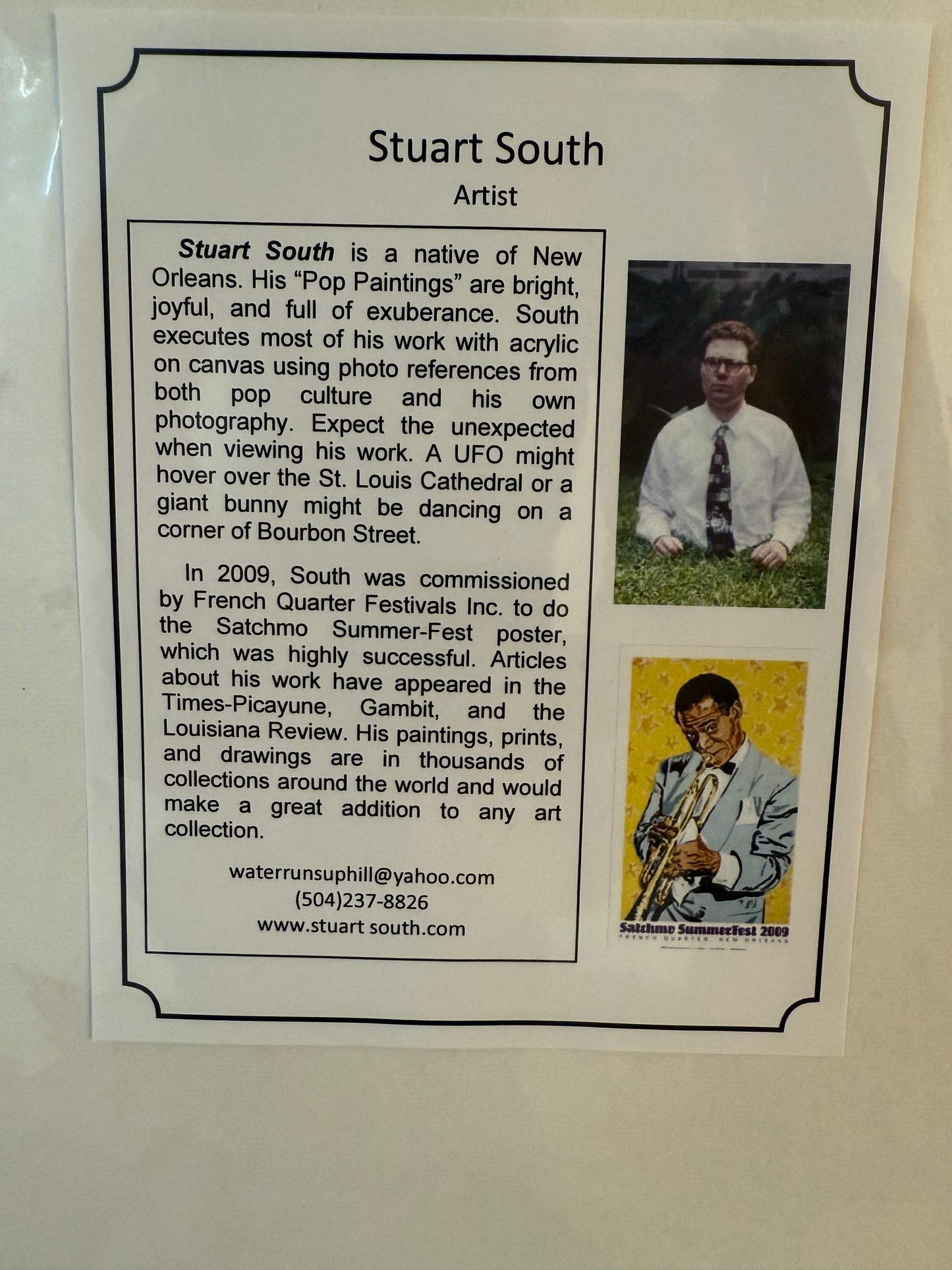 Card with images of a man and text about an artist named Stuart South on a beige background.