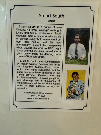 Card with images of a man and text about an artist named Stuart South on a beige background.