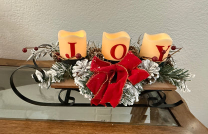 Christmas Decor & Flameless "J-O-Y" LED Candles Sitting on a Sled Base