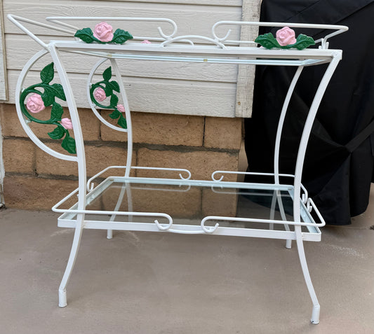1950s Wrought Iron Tea Cart with Glass Shelves and Floral Motifs