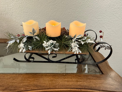 Christmas Decor & Flameless "J-O-Y" LED Candles Sitting on a Sled Base