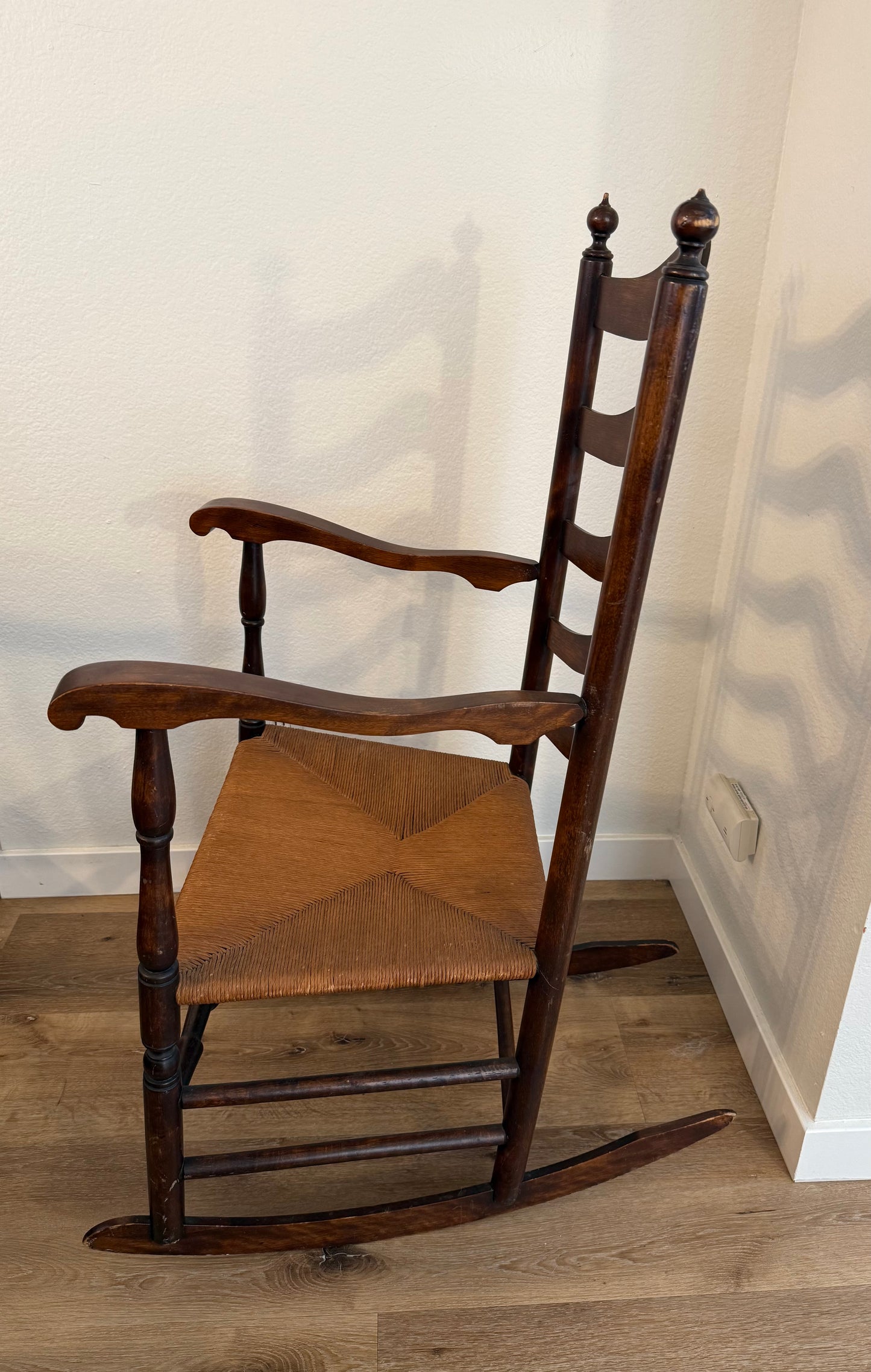 Antique 1800s Ladderback Rocking Chair with a Rush Seat