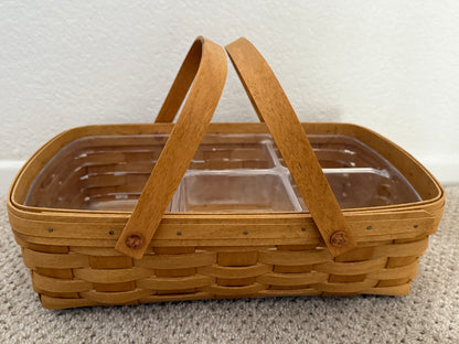 Wooden picnic basket with clear compartments on a white background