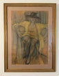 Framed artwork of a woman sitting on a chair with a yellow garment.
