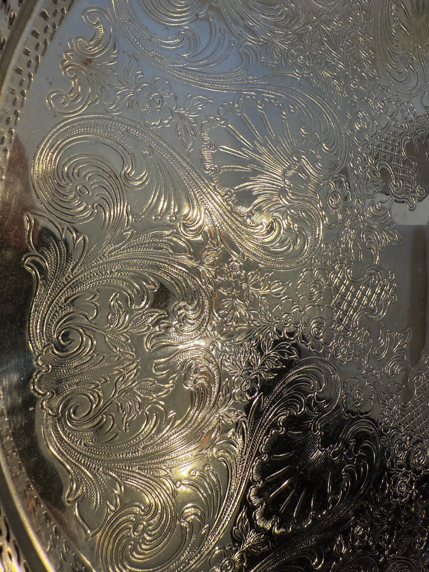 Vintage Wm. Rogers Round Serving Tray with Etched Floral Design