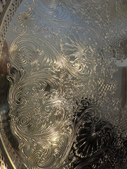 Vintage Wm. Rogers Round Serving Tray with Etched Floral Design
