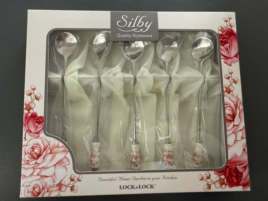 Silby 5 Piece Floral Pattern Teaspoons with Holder Brand New in Box