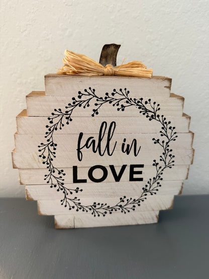 Rustic Farmhouse Style Wooden Pumpkin Shaped "Fall in Love" Sign