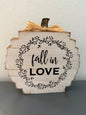Rustic Farmhouse Style Wooden Pumpkin Shaped "Fall in Love" Sign