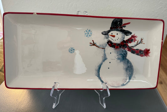 Ceramic Snowman Serving Tray with Red Trim