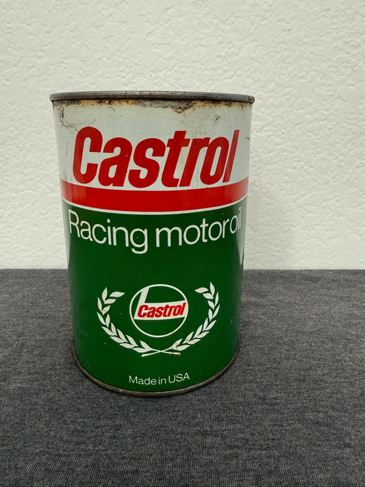 Castrol Racing Motors oil can on a gray and white background