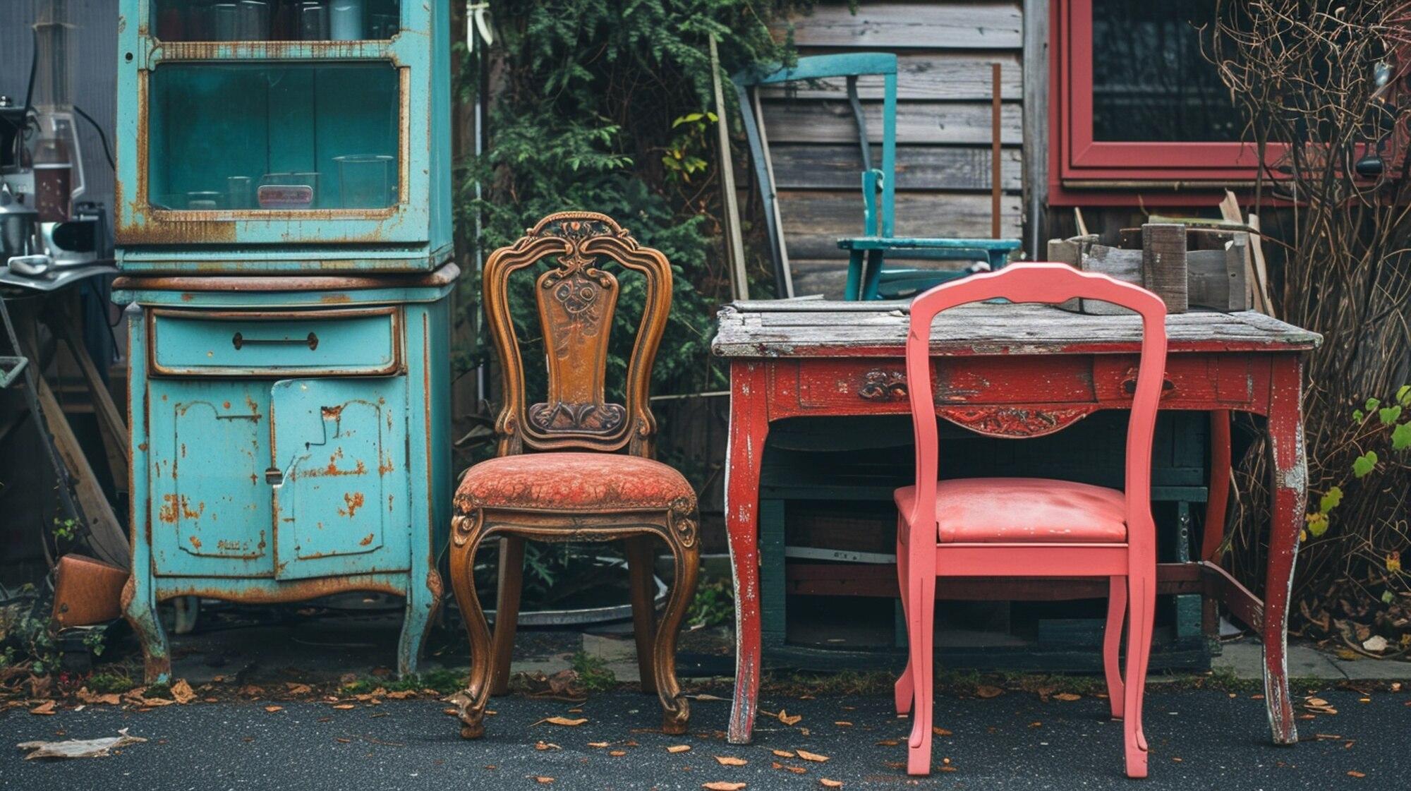Vintage furniture including a blue cabinet, wooden chair with red cushion, and red chair outdoors.